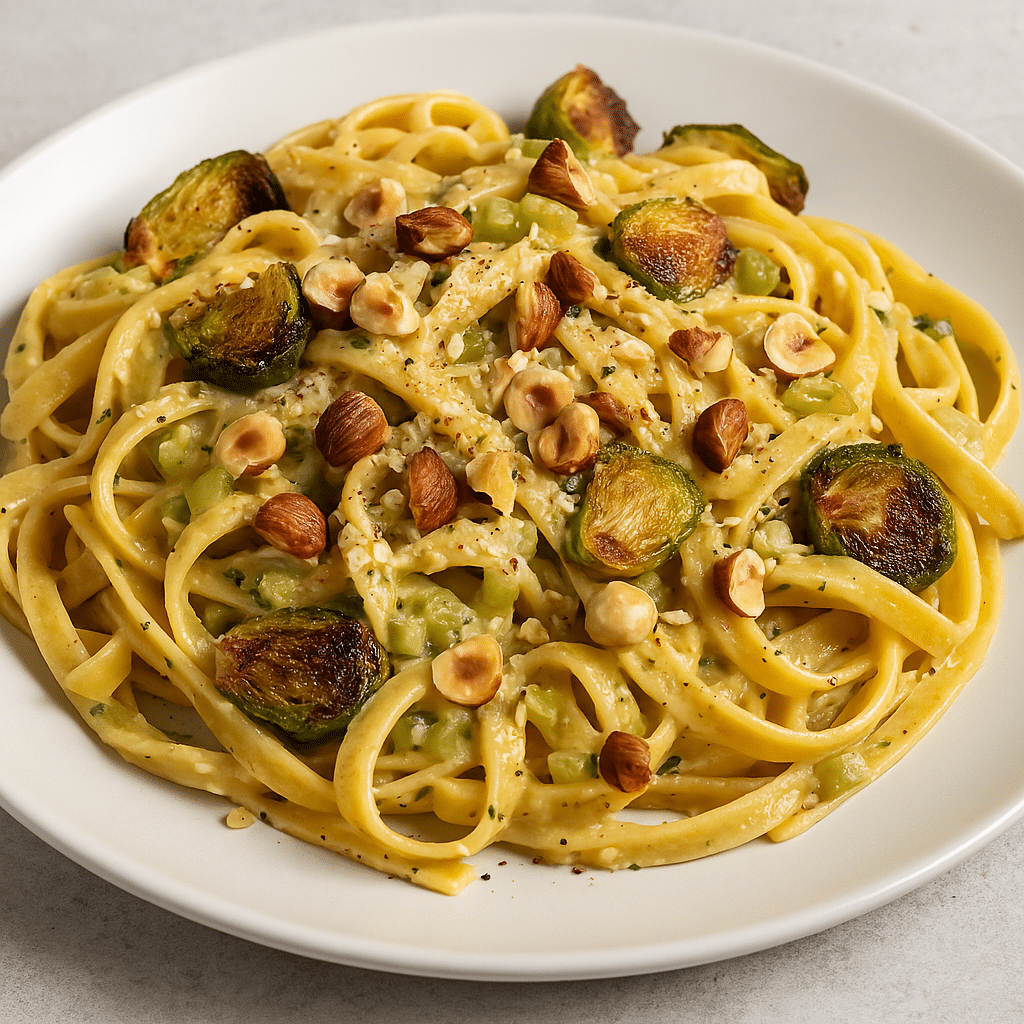 פסטה עם רוטב חמאת סלרי, אגוזי לוז ופריזאי